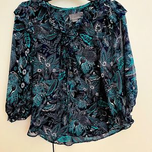 Anthropologie XS Navy and Teal Floral 3/4 Length Blouse